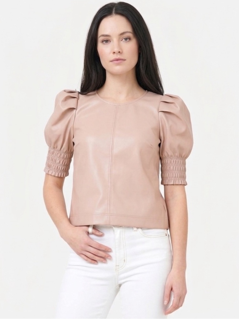 Saylor Andie Vegan Leather Short Puff Sleeve Top in Rose Quartz Size Medium